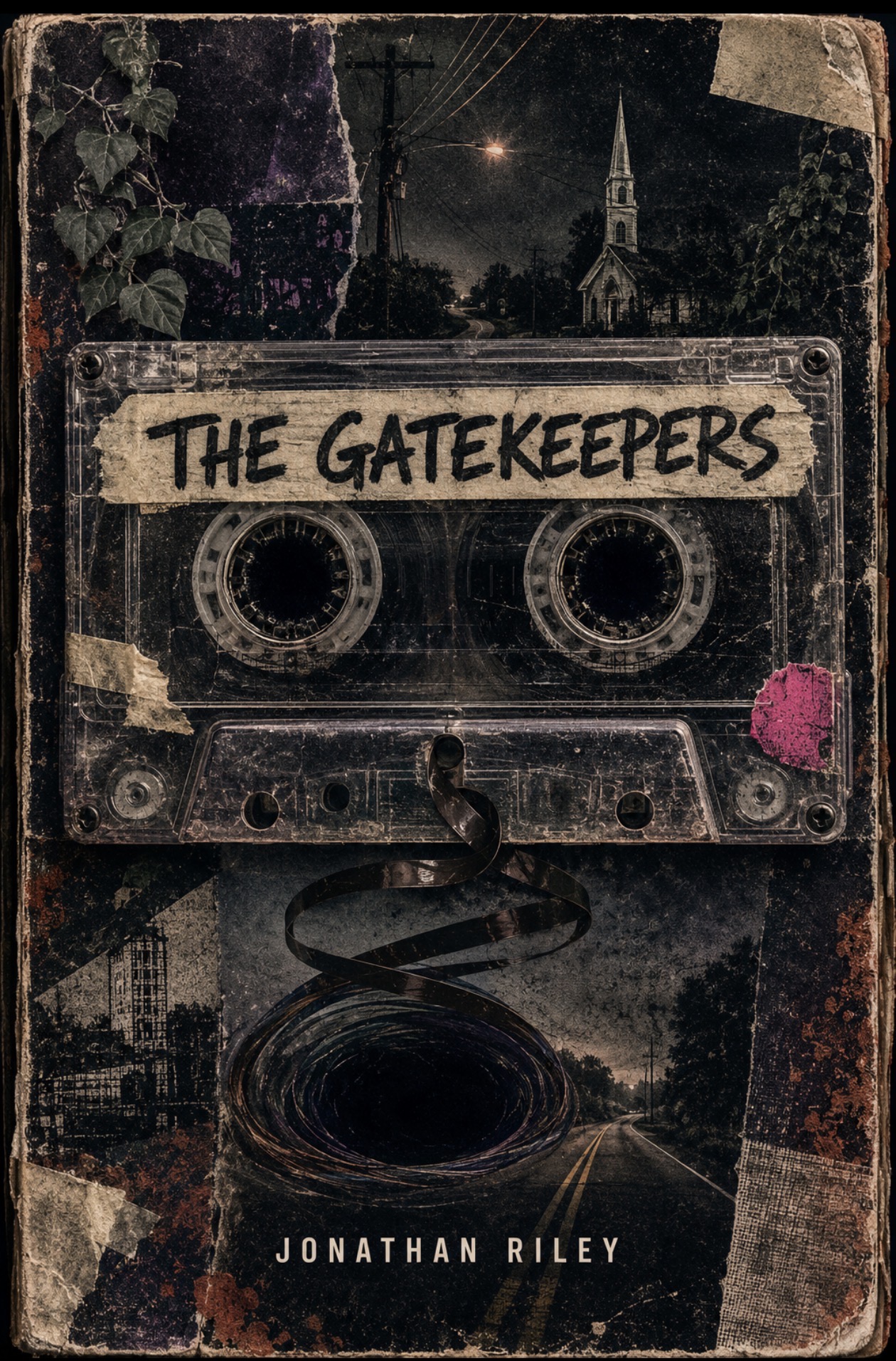 The Gatekeepers artwork: a weathered cassette tape unspools over a dark country road beneath an old church steeple.